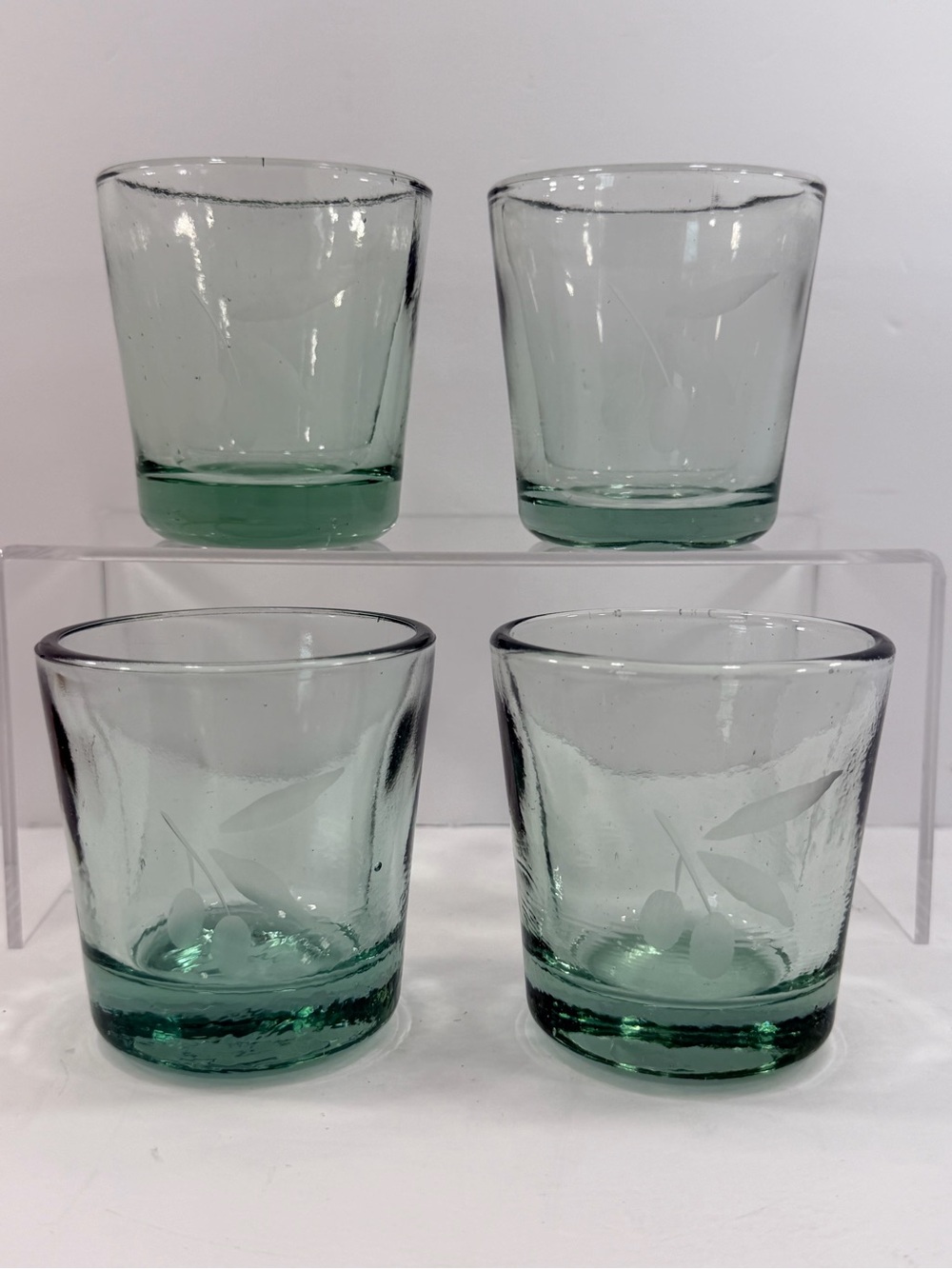 *4* VTG Hand-Blown Etched Olive Branch Rocks Glasses Recycled Green Glass 14 oz